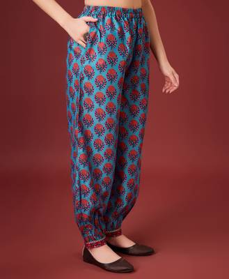  blue cotton floral print kurta with afghani salwar 3