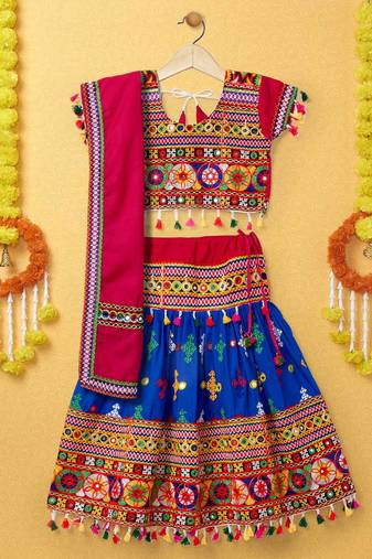 Banjara India Kutchi Emboidered Blue Girls Lehenga Choli with Dupatta (CC-BTTA) - Blue