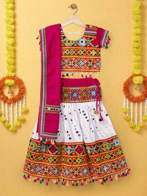 Banjara India Kutchi Emboidered White Girls Lehenga Choli with Dupatta (CC-RSGL) - White 1