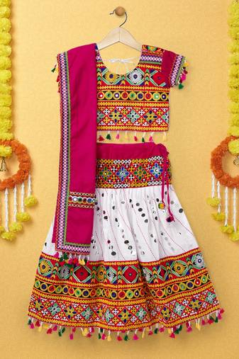 Banjara India Kutchi Emboidered White Girls Lehenga Choli with Dupatta (CC-RSGL) - White