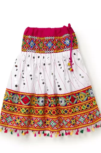 Banjara India Kutchi Emboidered White Girls Lehenga Choli with Dupatta (CC-RSGL) - White