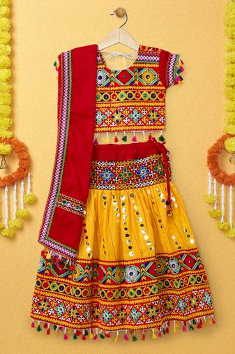 Banjara India Kutchi Emboidered Yellow Girls Lehenga Choli with Dupatta (CC-RSGL) - Yellow