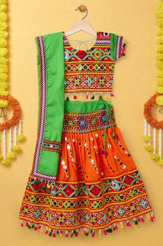 Banjara India Kutchi Emboidered Orange Girls Lehenga Choli with Dupatta (CC-RSGL) - Orange