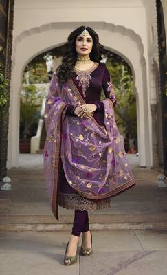 Purple satin georgette embroidered work festival long straight salwar suit dupatta semi stitched 1