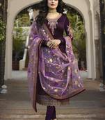 Purple satin georgette embroidered work festival long straight salwar suit dupatta semi stitched