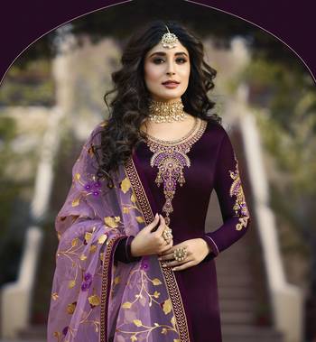 Purple satin georgette embroidered work festival long straight salwar suit dupatta semi stitched 2