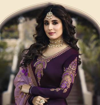 Purple satin georgette embroidered work festival long straight salwar suit dupatta semi stitched 3