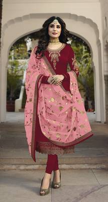 Maroon satin georgette embroidered work festival long straight salwar suit dupatta semi stitched 1