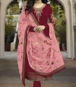 Maroon satin georgette embroidered work festival long straight salwar suit dupatta semi stitched