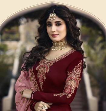 Maroon satin georgette embroidered work festival long straight salwar suit dupatta semi stitched 2
