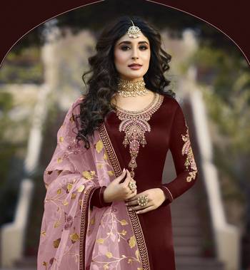 Maroon satin georgette embroidered work festival long straight salwar suit dupatta semi stitched 3