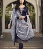 Blue satin georgette embroidered work festival long straight salwar suit dupatta semi stitched