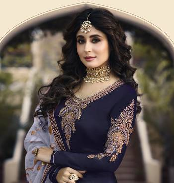Blue satin georgette embroidered work festival long straight salwar suit dupatta semi stitched 2