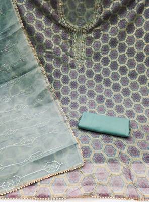 Turquoise Organza Unstitched Dress Material 2