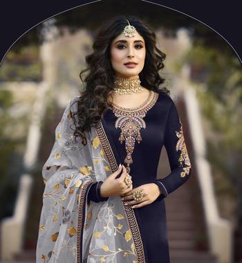 Blue satin georgette embroidered work festival long straight salwar suit dupatta semi stitched 3