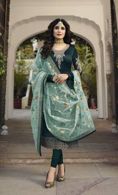 Turquoise satin georgette embroidered work festival long straight salwar suit dupatta semi stitched 1