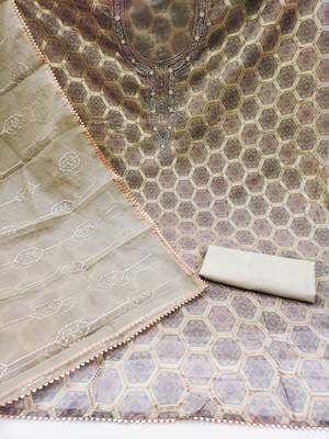 Beige Organza Unstitched Dress Material 2