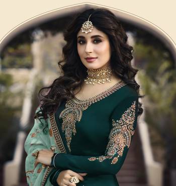 Turquoise satin georgette embroidered work festival long straight salwar suit dupatta semi stitched 2