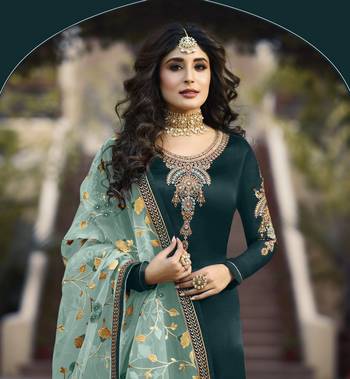 Turquoise satin georgette embroidered work festival long straight salwar suit dupatta semi stitched 3