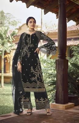 Black georgette sequince embroidered work festival long straight salwar suit dupatta semi stitched 1
