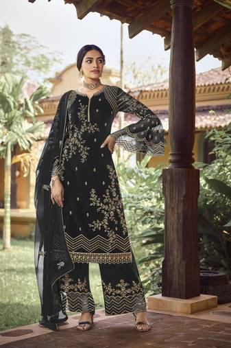 Black georgette sequince embroidered work festival long straight salwar suit dupatta semi stitched