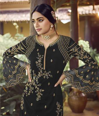 Black georgette sequince embroidered work festival long straight salwar suit dupatta semi stitched 2