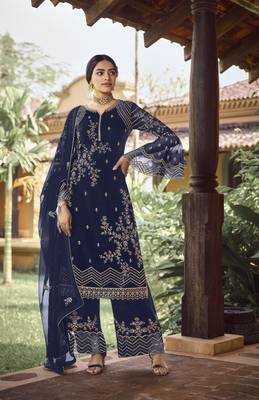 Blue georgette sequince embroidered work festival long straight salwar suit dupatta semi stitched 1