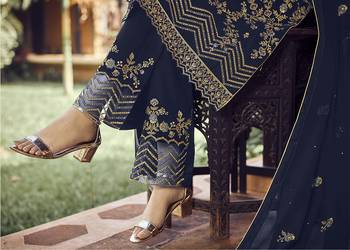 Blue georgette sequince embroidered work festival long straight salwar suit dupatta semi stitched 3