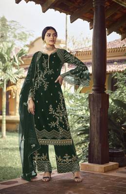 Green georgette sequince embroidered work festival long straight salwar suit dupatta semi stitched 1