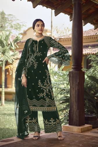 Green georgette sequince embroidered work festival long straight salwar suit dupatta semi stitched