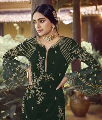Green georgette sequince embroidered work festival long straight salwar suit dupatta semi stitched 2