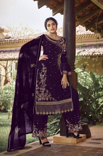 Purple georgette sequince embroidered work festival long straight salwar suit dupatta semi stitched