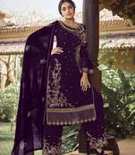 Purple georgette sequince embroidered work festival long straight salwar suit dupatta semi stitched