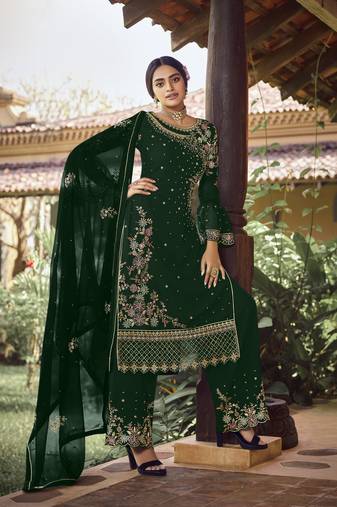 Green georgette sequince embroidered work festival long straight salwar suit dupatta semi stitched
