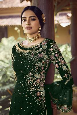 Green georgette sequince embroidered work festival long straight salwar suit dupatta semi stitched 2