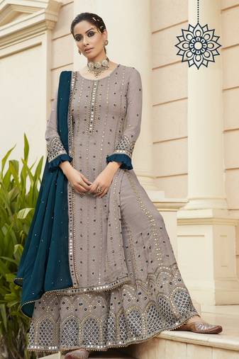 Beige georgette pakistani miror & embroidered work palazzo salwar suit dupatta semi stitched