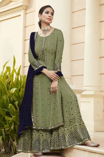 Green georgette pakistani miror & embroidered work palazzo salwar suit dupatta semi stitched