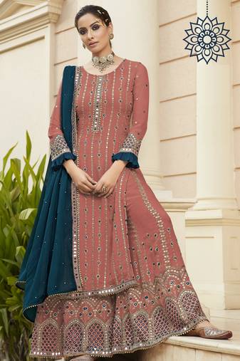 Onion pink georgette pakistani miror & embroidered work palazzo salwar suit dupatta semi stitched