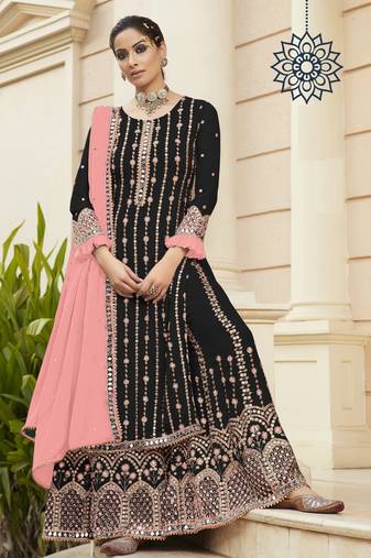 Black pink georgette pakistani miror & embroidered work palazzo salwar suit dupatta semi stitched