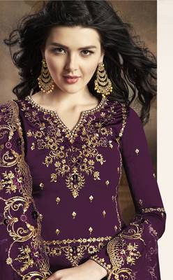 Dark purple rangoli pakistani embroidered work palazzo salwar suit dupatta semi stitched 2