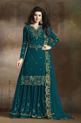 Turquoise rangoli pakistani embroidered work palazzo salwar suit dupatta semi stitched 1