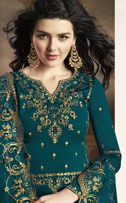 Turquoise rangoli pakistani embroidered work palazzo salwar suit dupatta semi stitched 2