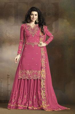 Pink rangoli pakistani embroidered work palazzo salwar suit dupatta semi stitched 1