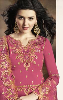 Pink rangoli pakistani embroidered work palazzo salwar suit dupatta semi stitched 2