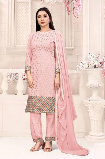 Pink georgette sequince embroidered work festival long straight salwar suit pent dupatta semi stitched