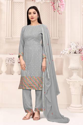 Grey georgette sequince embroidered work festival long straight salwar suit pent dupatta semi stitched