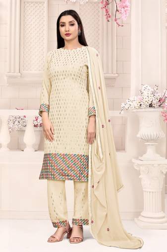 Cream georgette sequince embroidered work festival long straight salwar suit pent dupatta semi stitched