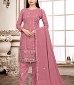 Pink georgette sequince embroidered work festival long straight salwar suit pent dupatta semi stitched