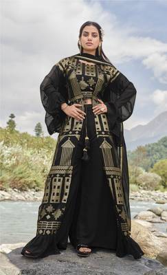 Black sequence embroidered faux georgette jacket style palazzo suit semi stitched 1