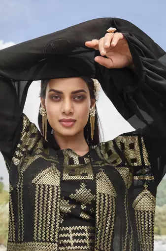 Black sequence embroidered faux georgette jacket style palazzo suit semi stitched